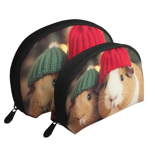 Bauernhof mit Hirschdruck Muschelform 2-teiliges Make-up-Taschen-Set Reise-Kosmetik-Organizer Stilvolle Aufbewahrung für Schönheit & Geschenke für Frauen Mädchen, Niedliche Meerschweinchen mit Hut von WPUTY