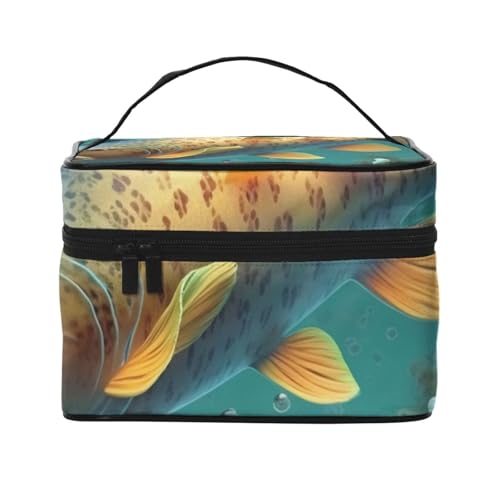 Bunte Fische unter dem Meer bedruckte Reise-Make-up-Tasche, geräumiger tragbarer Kosmetik-Organizer mit Griff, Kulturbeutel mit großem Fassungsvermögen, Geschenk für Frauen und Mädchen, Schwarz von WPUTY