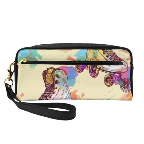 Bunte Make-up-Tasche mit Rollschuhen, bedruckt, für Damen, Reise-Kosmetiktasche aus PU-Leder mit Handgelenk, Kulturbeutel, Schwarz , Einheitsgröße, Kosmetiktasche von WPUTY