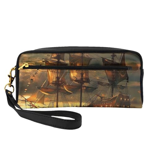 Fantasy Piratenschiff, bedruckte Make-up-Tasche für Damen, Reise-Kosmetiktasche aus PU-Leder mit Handgelenk, Kulturbeutel, Schwarz , Einheitsgröße, Kosmetiktasche von WPUTY