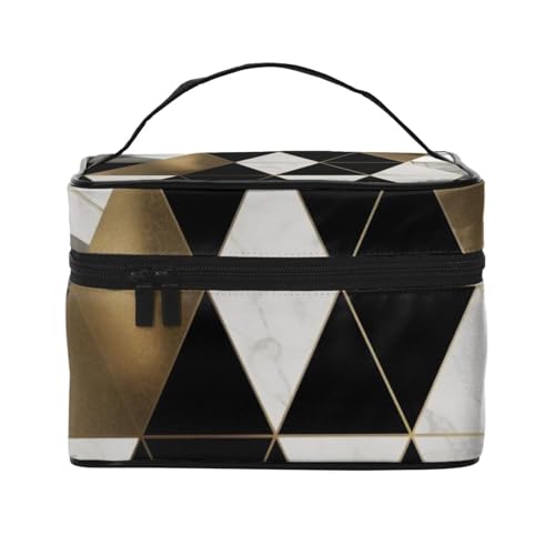 Fashion Modern Black White Gold Triangles Printed Travel Makeup Bag Spacious Portable Cosmetic Organizer with Handle Large Capacity Toiletry Bag Gift for Women Girls, Schwarz , Einheitsgröße von WPUTY