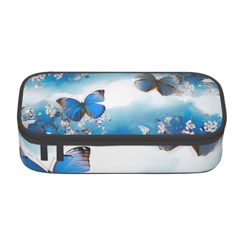 Federmäppchen, Motiv: blaue Schmetterlinge, weiße Blumen, großes Fassungsvermögen, Stifteetui, Schreibwarenbox, Make-up-Tasche für Büro, Reisen, Schule, Schwarz , Einheitsgröße, Schulranzen von WPUTY