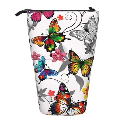 Federmäppchen mit buntem Schmetterlings-Motiv, stehend, Teleskop-Stiftehalter für Kosmetik, Make-up, Bürotasche, Weiß, Weißes Blumenmuster, bunte Schmetterlinge, Einheitsgröße, Schulranzen von WPUTY