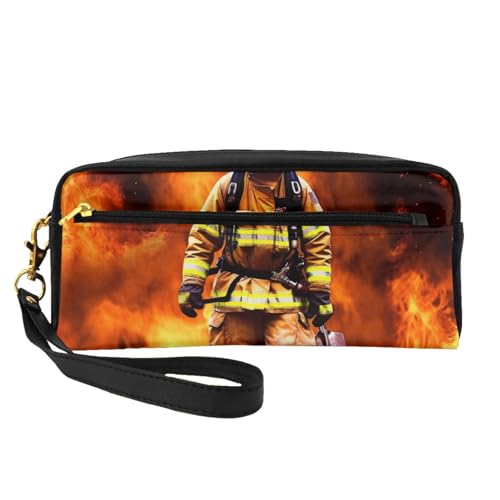 Feuerwehrmann Feuerwehrmann Flamme bedruckte Make-up-Tasche für Frauen Reise PU-Leder Kosmetiktasche mit Handgelenk-Kulturbeutel, Schwarz , Einheitsgröße, Kosmetiktasche von WPUTY