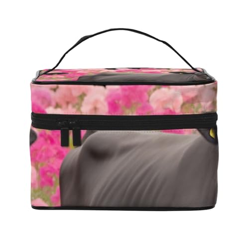 Flower Show Steer Cows Cattle Printed Travel Makeup Bag Spacious Portable Cosmetic Organizer with Handle Large Capacity Toiletry Bag Gift for Women Girls, Schwarz , Einheitsgröße, Kosmetiktasche von WPUTY