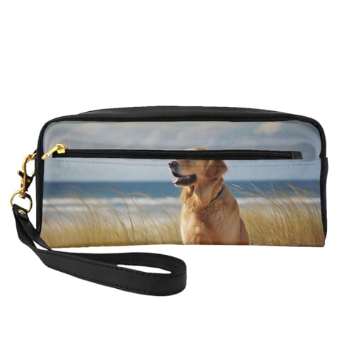 Golden Retriever bedruckte Make-up-Tasche für Damen, Reise-Kosmetiktasche aus PU-Leder mit Handgelenk, Kulturbeutel, Schwarz , Einheitsgröße, Kosmetiktasche von WPUTY