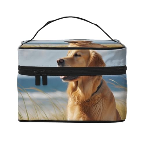 Golden Retriever bedruckte Reise-Make-up-Tasche, geräumiger tragbarer Kosmetik-Organizer mit Griff, Kulturbeutel mit großer Kapazität, Geschenk für Frauen und Mädchen, Schwarz , Einheitsgröße von WPUTY