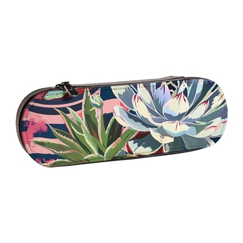 Hartschalen-Federmäppchen aus PU-Leder, weißes Blumenmuster, bunte Schmetterlinge, wasserdicht, Stift-Organizer für Schule, Reisen, Kosmetik und Geschenke, Gestreifte Sukkulenten, Einheitsgröße von WPUTY