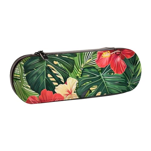 Hartschalen-Federmäppchen aus PU-Leder, weißes Blumenmuster, bunte Schmetterlinge, wasserdicht, Stift-Organizer für Schule, Reisen, Kosmetik und Geschenke, Vegetationsblätter mit Hibiskusblüten von WPUTY