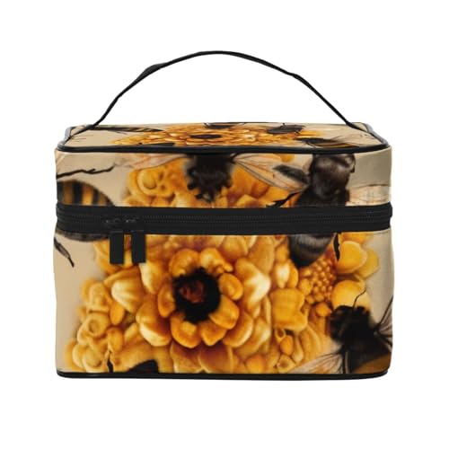 Honey Bees bedruckte Reise-Make-up-Tasche, geräumiger tragbarer Kosmetik-Organizer mit Griff, Kulturbeutel mit großer Kapazität, Geschenk für Frauen und Mädchen, Schwarz , Einheitsgröße von WPUTY