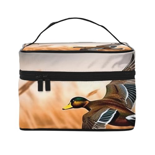 Jagd fliegende wilde Ente 4 bedruckte Reise-Make-up-Tasche, geräumiger tragbarer Kosmetik-Organizer mit Griff, Kulturbeutel mit großer Kapazität, Geschenk für Frauen und Mädchen, Schwarz von WPUTY
