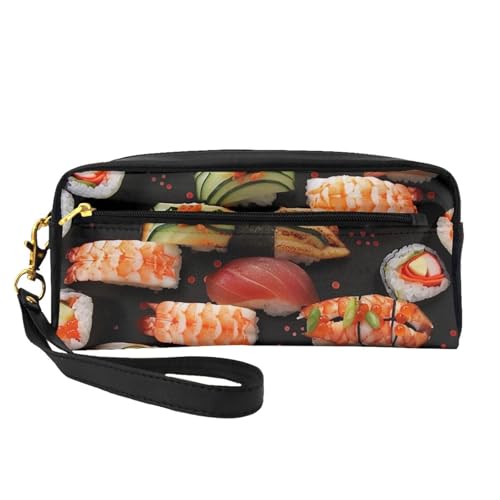 Japanische Sushi-Garnelen-bedruckte Make-up-Tasche für Damen, Reise-Kosmetiktasche aus PU-Leder mit Handgelenk-Kulturbeutel, Schwarz , Einheitsgröße, Kosmetiktasche von WPUTY