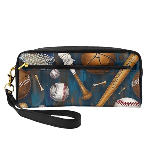 Kosmetiktasche für Damen, Motiv: Baseball, Basketball, Fußball, Hockey, bedruckt, PU-Leder, Kosmetiktasche mit Handgelenk, Kulturbeutel, Schwarz , Einheitsgröße, Kosmetiktasche von WPUTY