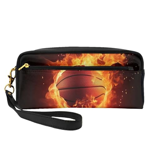 Kosmetiktasche für Damen, Motiv: Basketball auf Feuer, mit Flammenspritzer, bedruckt, PU-Leder, Kosmetiktasche mit Handgelenk, Kulturbeutel, Schwarz , Einheitsgröße, Kosmetiktasche von WPUTY