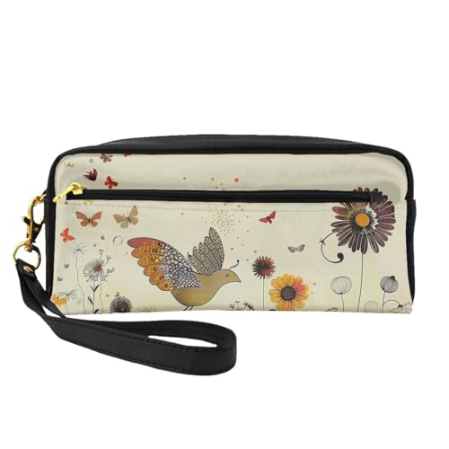 Kosmetiktasche für Damen, Motiv: Henne fliegende Schmetterlinge unter Blume, bedruckt, PU-Leder, Kosmetiktasche mit Handgelenk, Kulturbeutel, Schwarz , Einheitsgröße, Kosmetiktasche von WPUTY