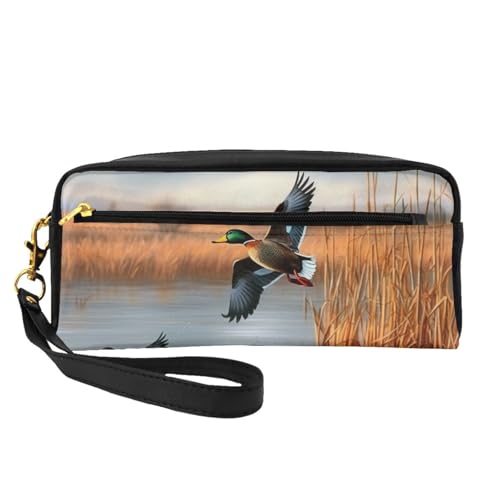 Kosmetiktasche für Damen, Motiv: Jagd, fliegende wilde Ente, 1 Stück, bedruckt, PU-Leder, Kosmetiktasche mit Handgelenk, Kulturbeutel, Schwarz , Einheitsgröße, Kosmetiktasche von WPUTY