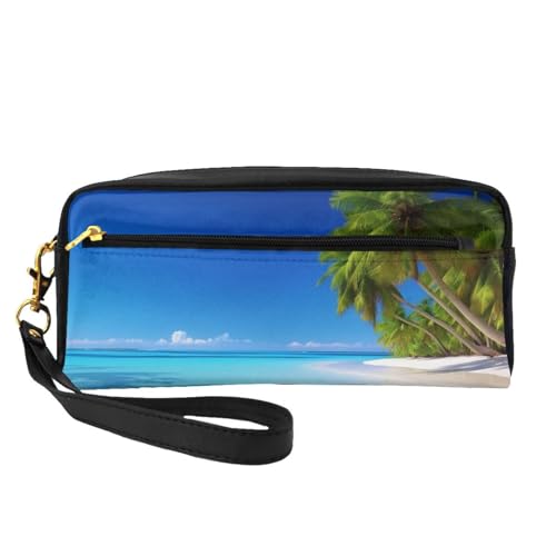 Kosmetiktasche für Damen, Motiv: Palmen und klares Meer, bedruckt, PU-Leder, Kosmetiktasche mit Handgelenk, Kulturbeutel, Schwarz , Einheitsgröße, Kosmetiktasche von WPUTY