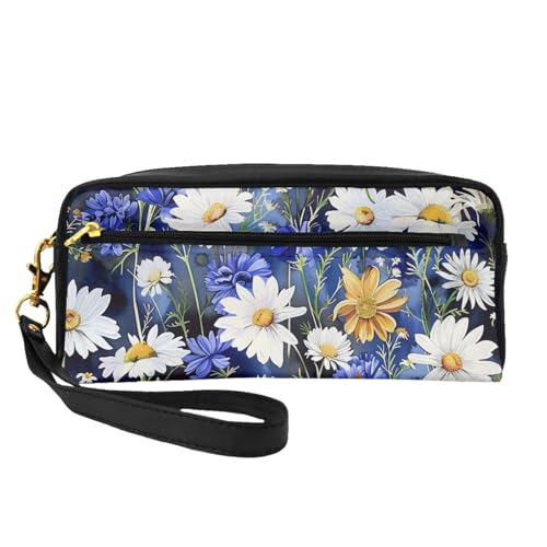 Kosmetiktasche für Damen, Motiv: Wildblumen und Kornblumen, Gänseblümchen, bedruckt, PU-Leder, Kosmetiktasche mit Handgelenk, Kulturbeutel, Schwarz , Einheitsgröße, Kosmetiktasche von WPUTY