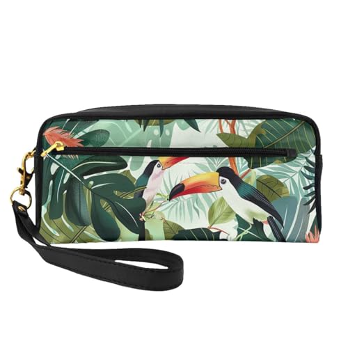 Kosmetiktasche für Damen, Motiv: tropische Blätter, Vogel, bedruckt, PU-Leder, Kosmetiktasche mit Handgelenk, Kulturbeutel, Schwarz , Einheitsgröße, Kosmetiktasche von WPUTY