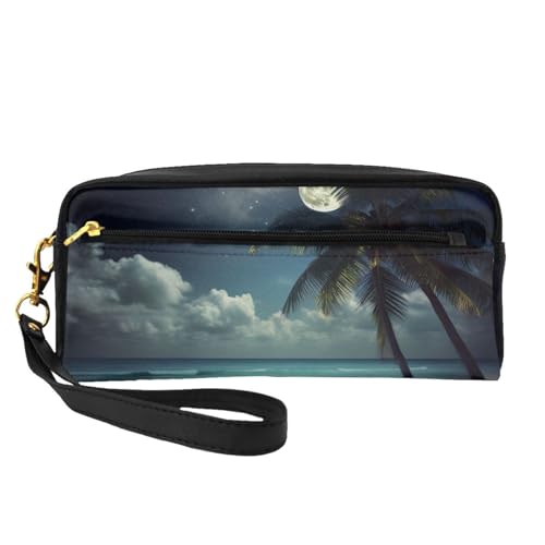 Kosmetiktasche für Damen, Motiv: tropische Strandpalme mit Vollmond-Druck, PU-Leder, Kosmetiktasche mit Handgelenk, Kulturbeutel, Schwarz , Einheitsgröße, Kosmetiktasche von WPUTY