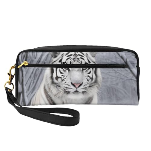 Kosmetiktasche für Damen, Motiv: weißer Tiger im Schnee, bedruckt, PU-Leder, Kosmetiktasche mit Handgelenk, Kulturbeutel, Schwarz , Einheitsgröße, Kosmetiktasche von WPUTY