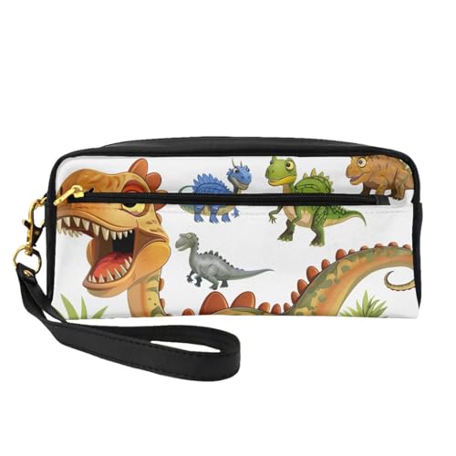 Kosmetiktasche mit Cartoon-Dinosaurier-Bildern, bedruckt, für Damen, Reise-Kosmetiktasche aus PU-Leder mit Handgelenk, Kulturbeutel, Schwarz , Einheitsgröße, Kosmetiktasche von WPUTY