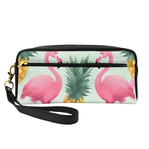 Kosmetiktasche mit Cartoon-Flamingo-Ananas-Motiv, bedruckt, für Damen, Reise-Kosmetiktasche aus PU-Leder mit Handgelenk, Kulturbeutel, Schwarz , Einheitsgröße, Kosmetiktasche von WPUTY