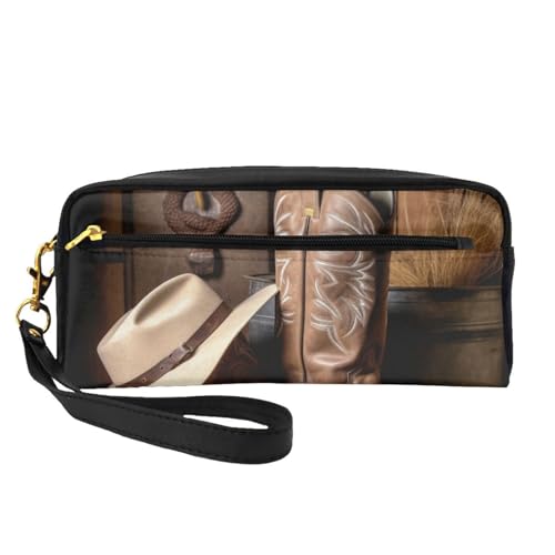 Kosmetiktasche mit Cowboy-Hut und Westernstiefeln, bedruckt, für Damen, Reise-Kosmetiktasche aus PU-Leder mit Handgelenk, Kulturbeutel, Schwarz , Einheitsgröße, Kosmetiktasche von WPUTY