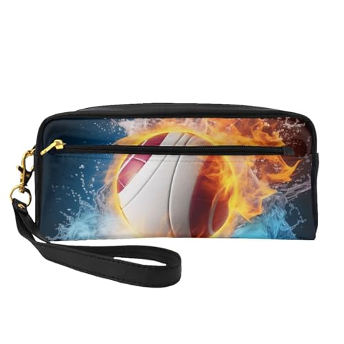 Kosmetiktasche mit Eis- und Feuer-Volleyball-Motiv, für Damen, Reise-Kosmetiktasche aus PU-Leder mit Handgelenk, Kulturbeutel, Schwarz , Einheitsgröße, Kosmetiktasche von WPUTY