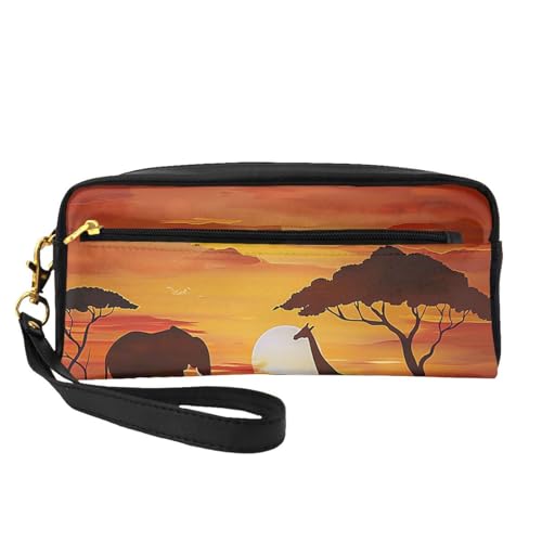 Kosmetiktasche mit Elefant und Giraffe im Sonnenuntergang, bedruckt, für Damen, Reise-Kosmetiktasche aus PU-Leder mit Handgelenk, Kulturbeutel, Schwarz , Einheitsgröße, Kosmetiktasche von WPUTY