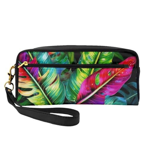 Kosmetiktasche mit buntem tropischem Blatt-Motiv, für Damen, Reise-Kosmetiktasche aus PU-Leder mit Handgelenk, Kulturbeutel, Schwarz , Einheitsgröße, Kosmetiktasche von WPUTY