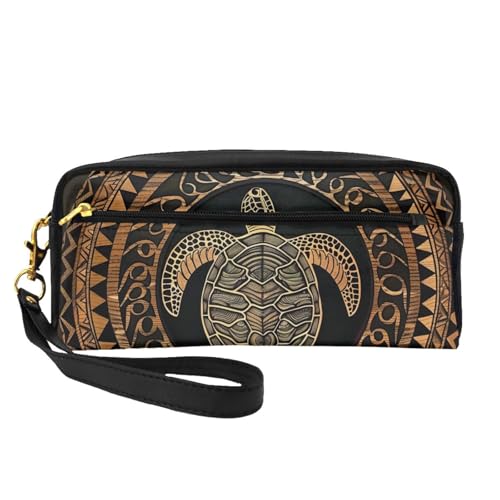 Kosmetiktasche mit hawaiianischer Tapa-Honu-Schildkröte, bedruckt, für Damen, Reise-Kosmetiktasche aus PU-Leder mit Handgelenk, Kulturbeutel, Schwarz , Einheitsgröße, Kosmetiktasche von WPUTY