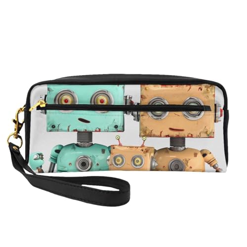Kosmetiktasche mit niedlichem Cartoon-Roboter, bedruckt, für Damen, Reise-Kosmetiktasche aus PU-Leder mit Handgelenk, Kulturbeutel, Schwarz , Einheitsgröße, Kosmetiktasche von WPUTY