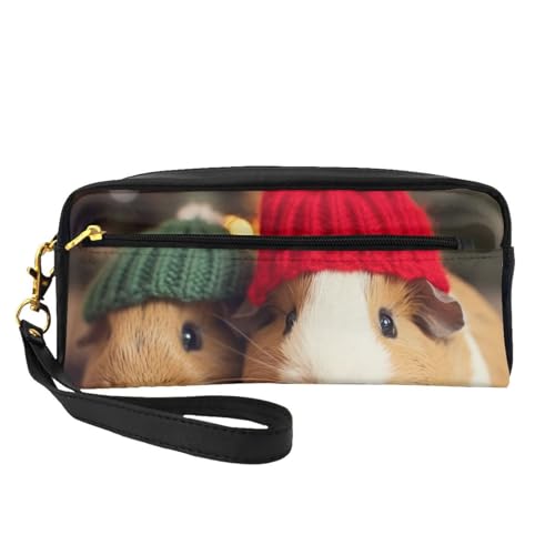 Kosmetiktasche mit niedlichem Meerschweinchen mit Hut, bedruckt, für Damen, Reise-Kosmetiktasche aus PU-Leder mit Handgelenk, Kulturbeutel, Schwarz , Einheitsgröße, Kosmetiktasche von WPUTY