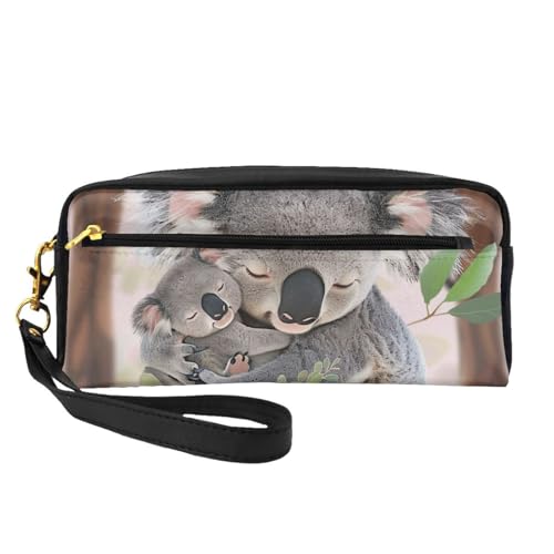 Kosmetiktasche mit süßem Koala-Mom- und Babydruck, für Damen, Reise-Kosmetiktasche aus PU-Leder mit Handgelenk-Kulturbeutel, Schwarz , Einheitsgröße, Kosmetiktasche von WPUTY