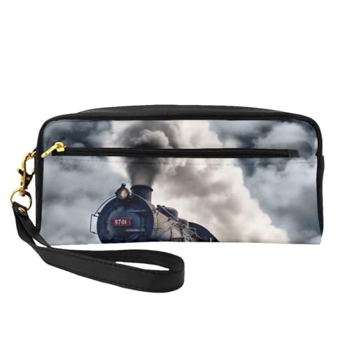 Make-up-Tasche für Damen, Motiv: Dampfzug, Wolken, bedruckt, PU-Leder, Kosmetiktasche mit Handgelenk, Kulturbeutel, Schwarz , Einheitsgröße, Kosmetiktasche von WPUTY