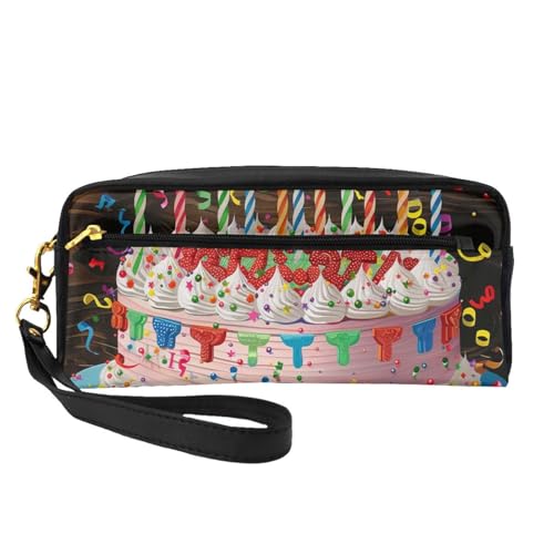 Make-up-Tasche mit Aufschrift "Happy Birthday", bedruckt, für Damen, PU-Leder, Kosmetiktasche mit Handgelenk, Kulturbeutel, Schwarz , Einheitsgröße, Kosmetiktasche von WPUTY
