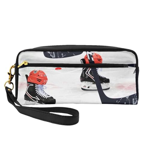 Make-up-Tasche mit Eishockey-Muster, für Damen, Reise-Kosmetiktasche aus PU-Leder mit Handgelenk, Kulturbeutel, Schwarz , Einheitsgröße, Kosmetiktasche von WPUTY