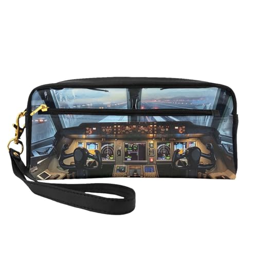 Make-up-Tasche mit Flugzeug-Cockpit, bedruckt, für Damen, Reise-Kosmetiktasche aus PU-Leder mit Handgelenk, Kulturbeutel, Schwarz , Einheitsgröße, Kosmetiktasche von WPUTY