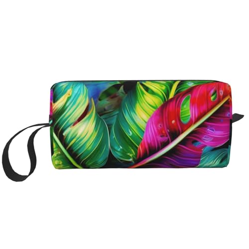 Make-up-Tasche mit buntem tropischem Blatt-Druck, mit Griff, leicht, tragbar, Kosmetik-Organizer für Reisen, Fitnessstudio und den täglichen Gebrauch, Geschenk für Frauen und Mädchen, weiß von WPUTY