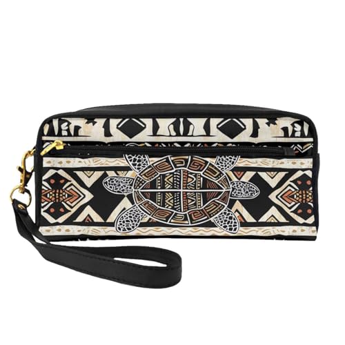 Make-up-Tasche mit ethnischer Schildkröte, gestreift, bedruckt, für Damen, Reise-Kosmetiktasche aus PU-Leder mit Handgelenk, Kulturbeutel, Schwarz , Einheitsgröße, Kosmetiktasche von WPUTY