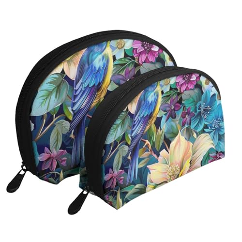Niedliche Baby-Pinguine Skizzendruck Muschelform 2-teiliges Make-up-Taschen-Set Reise Kosmetik Organizer Stilvolle Aufbewahrung für Schönheit & Geschenke für Frauen Mädchen, Bunte Blumen und Vögel von WPUTY