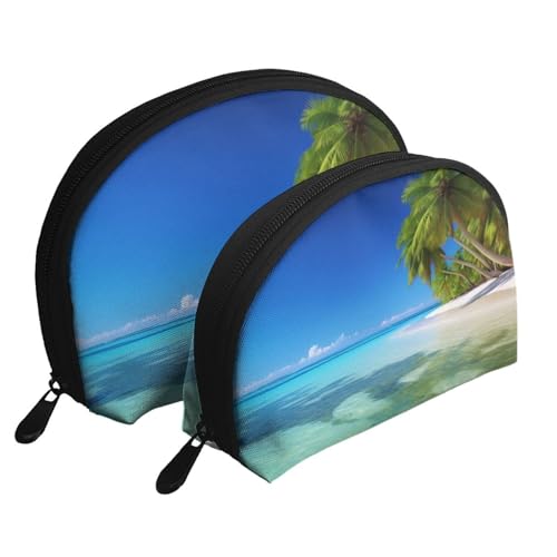 Petoskey Steindruck Muschelform 2 Stück Make-up Tasche Set Reise Kosmetik Organizer Stilvolle Aufbewahrung für Schönheit & Geschenke für Frauen Mädchen, Palmen und klares Meer., Einheitsgröße von WPUTY