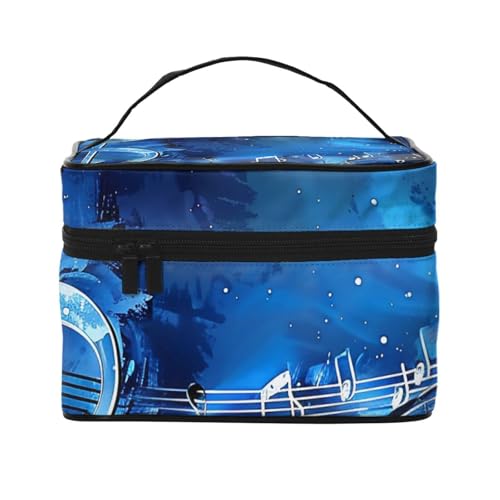 Reise-Make-up-Tasche mit blauem Musikdruck, geräumig, tragbar, Kosmetik-Organizer mit Griff, Kulturbeutel mit großer Kapazität, Geschenk für Frauen und Mädchen, Schwarz , Einheitsgröße, Kosmetiktasche von WPUTY