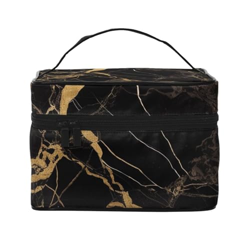 Reise-Make-up-Tasche mit schwarzem goldfarbenem Marmor-Druck, geräumiger tragbarer Kosmetik-Organizer mit Griff, Kulturbeutel mit großer Kapazität, Geschenk für Frauen und Mädchen, Schwarz von WPUTY