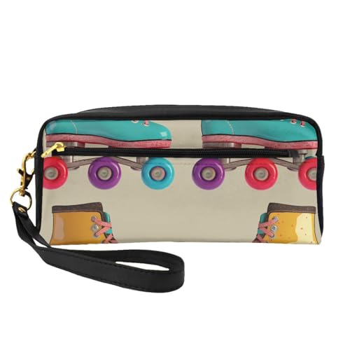Retro-Make-up-Tasche mit Rollschuhen, bedruckt, für Damen, Reise-Kosmetiktasche aus PU-Leder mit Handgelenk, Kulturbeutel, Schwarz , Einheitsgröße, Kosmetiktasche von WPUTY