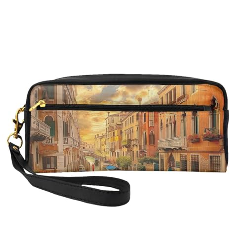 Schöne Venedig K View bedruckte Make-up-Tasche für Damen, Reise-Kosmetiktasche aus PU-Leder mit Handgelenk-Kulturbeutel, Schwarz , Einheitsgröße, Kosmetiktasche von WPUTY