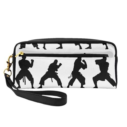 Silhouettes of Martial Arts bedruckte Make-up-Tasche für Damen, Reise-Kosmetiktasche aus PU-Leder mit Handgelenk-Kulturbeutel, Schwarz , Einheitsgröße, Kosmetiktasche von WPUTY