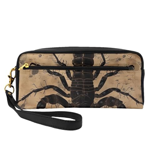Skorpion bedruckte Make-up-Tasche für Damen, Reise-Kosmetiktasche aus PU-Leder mit Handgelenk, Kulturbeutel, Schwarz , Einheitsgröße, Kosmetiktasche von WPUTY