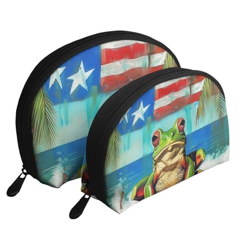 Spirale optische Täuschung Kunstdruck Muschelform 2-teiliges Make-up-Taschen-Set Reise Kosmetik Organizer Stilvolle Aufbewahrung für Schönheit & Geschenke für Frauen Mädchen, Puerto Rico Flagge Frosch von WPUTY